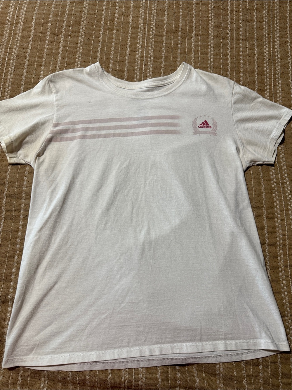 adidas White Short Sleeve Tee with Light Pink Stripes vintage